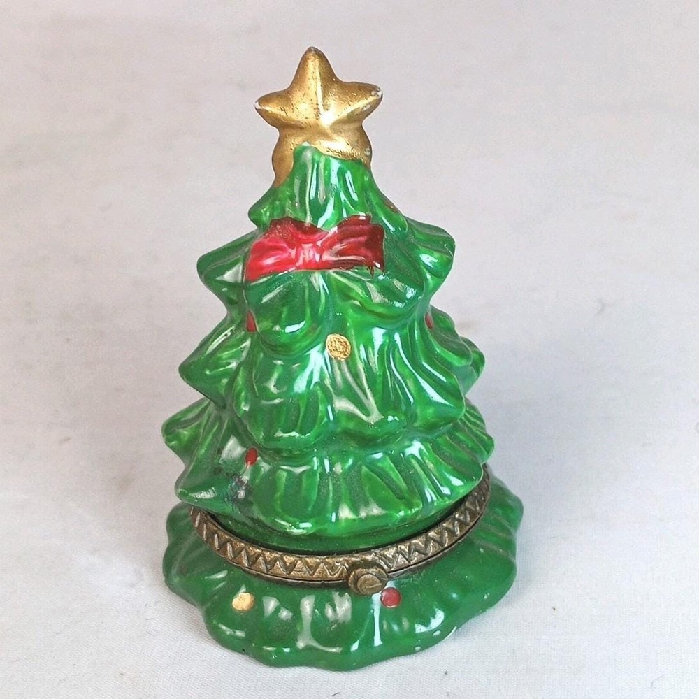 1998 Christmas Tree Porcelain Trinket Box Holiday Hand Painted 3"